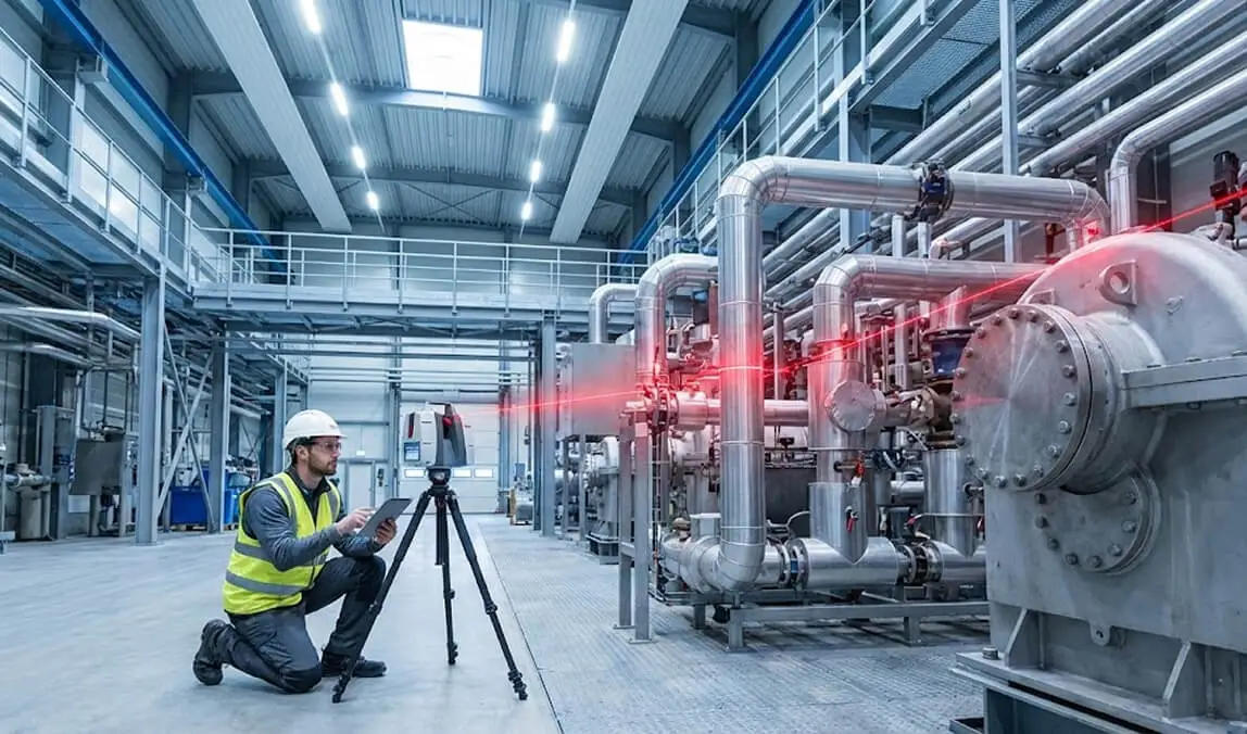 Two engineers in personal protective equipment reviewing site blueprints on a tablet, conducting the initial Strategic Assessment & Safety Planning before machinery dismantling.