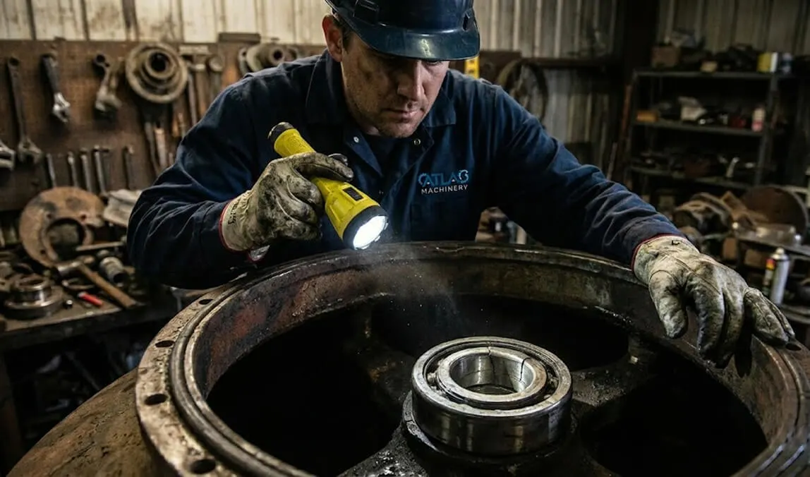Technical engineer inspecting a heavy machine component with a flashlight, conducting thorough On-Site Technical Vetting to ensure mechanical quality before purchase.