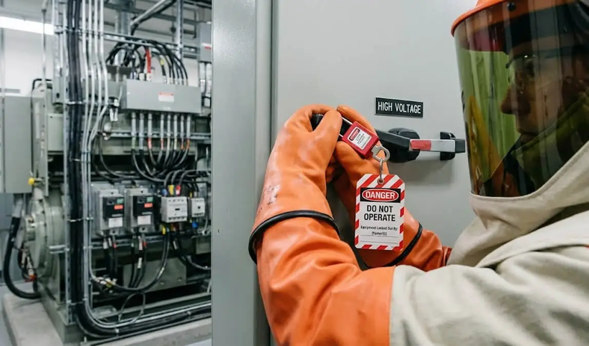 Technician in PPE operating valves on a stainless steel manifold, performing careful Utility Disconnection & Fluid Management prior to equipment removal.