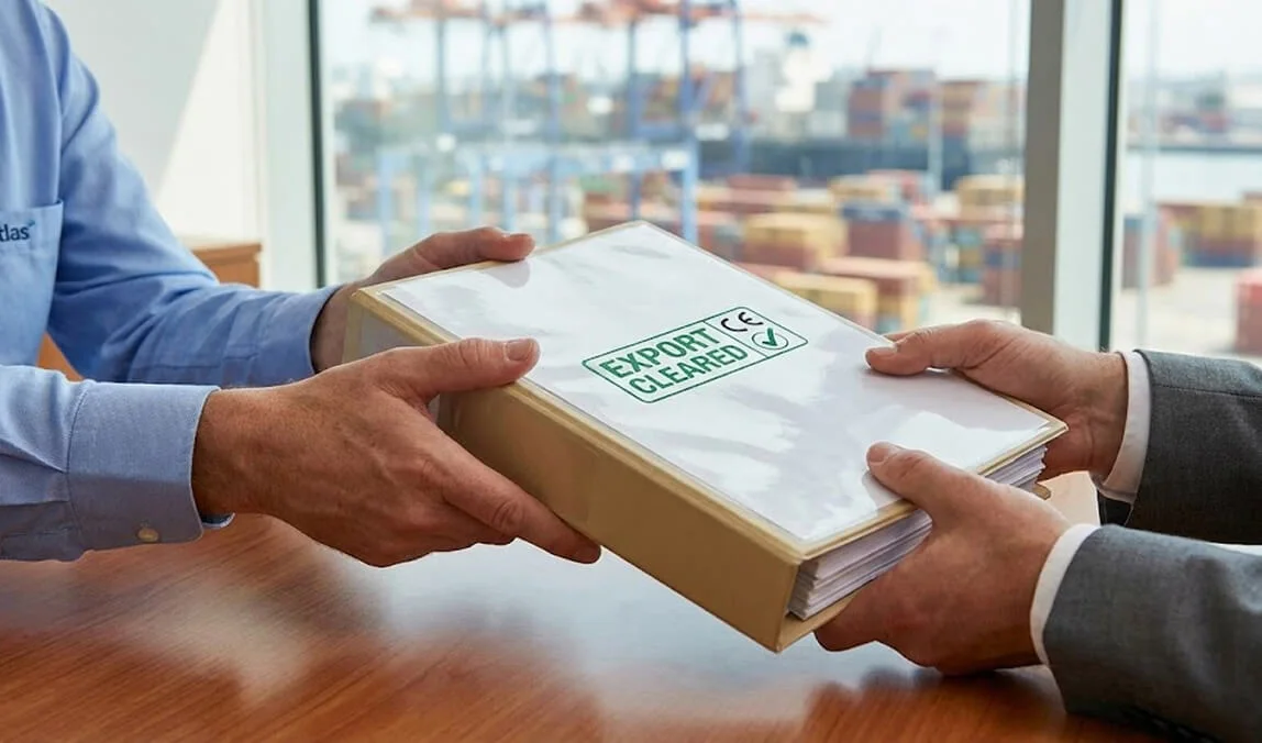 Business professionals exchanging finalized export documentation stamped 'Export Cleared', representing successful Negotiation & Compliance Management for cross-border transactions.