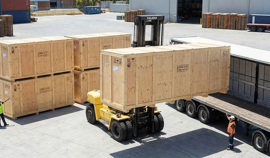 Large capacity forklift moving monumental industrial machinery encased in a custom wooden crate, demonstrating the Heavy Lifting & Export Packaging stage.