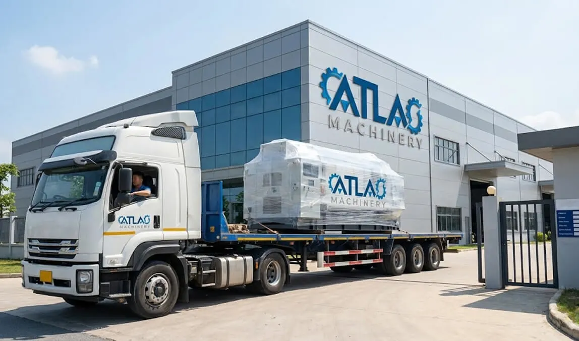 Atlas Machinery heavy transport truck departing the headquarters with a shrink-wrapped industrial machine, demonstrating secure Logistics & Import Handling capabilities.