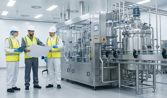 Engineering team reviewing technical blueprints during an on-site strategic assessment and safety planning inspection.