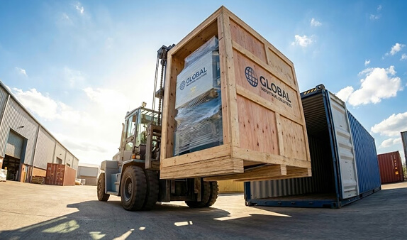 Forklift loading a secure wooden export crate into a shipping container, demonstrating global logistics and safe machinery transport.
