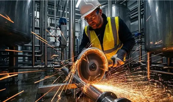 Close-up of hygienic stainless steel process piping, control valves, and automation panel in a dairy processing facility, showcasing precision engineering and industrial machinery dismantling standards.