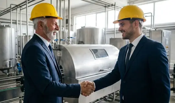 Close-up of a professional handshake in a factory, symbolizing a successful machinery procurement deal and trusted global sourcing partnership.